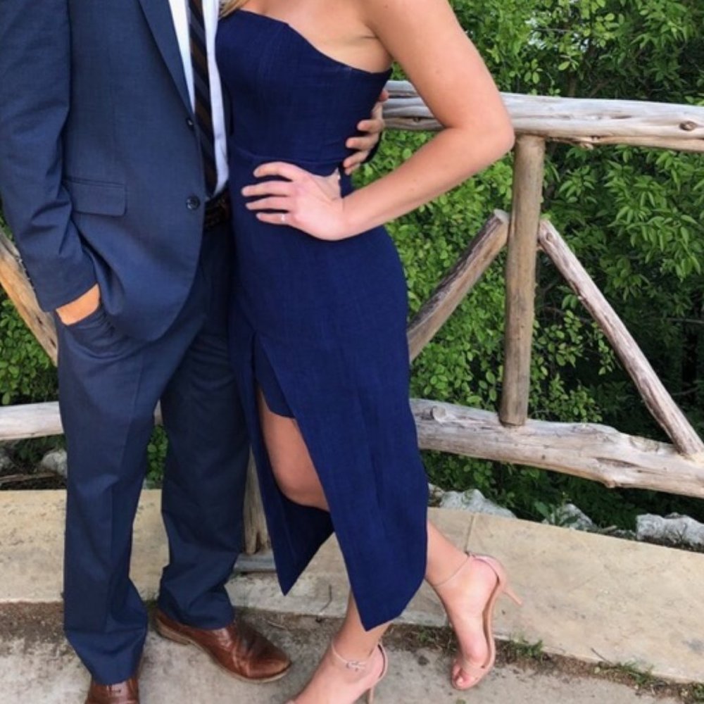 White Fox Strapless Navy Slit Dress Small